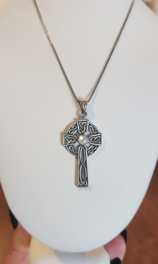 Sterling silver celtic cross pendant with moonstone