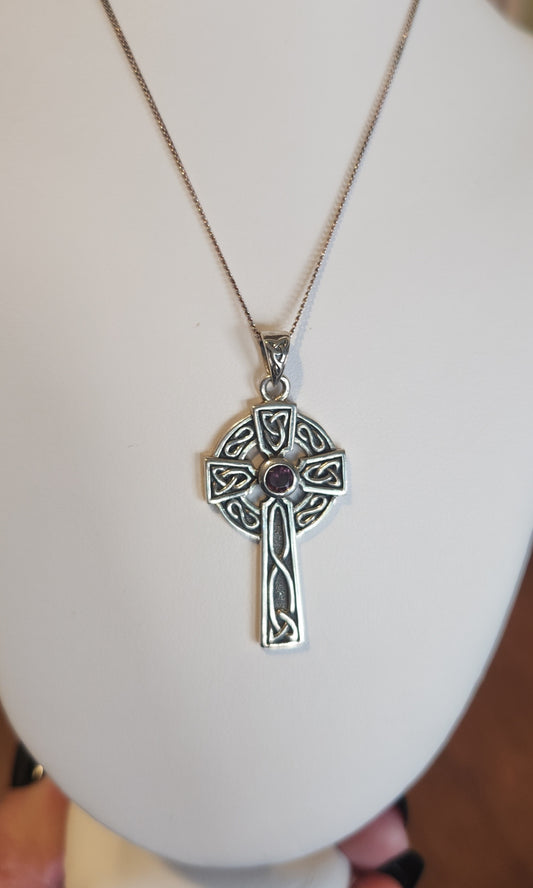 Sterling silver celtic cross pendant with amethyst