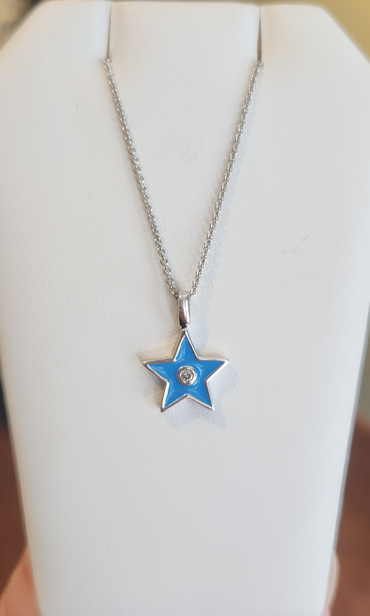 Sterling silver blue enamel star diamond pendant