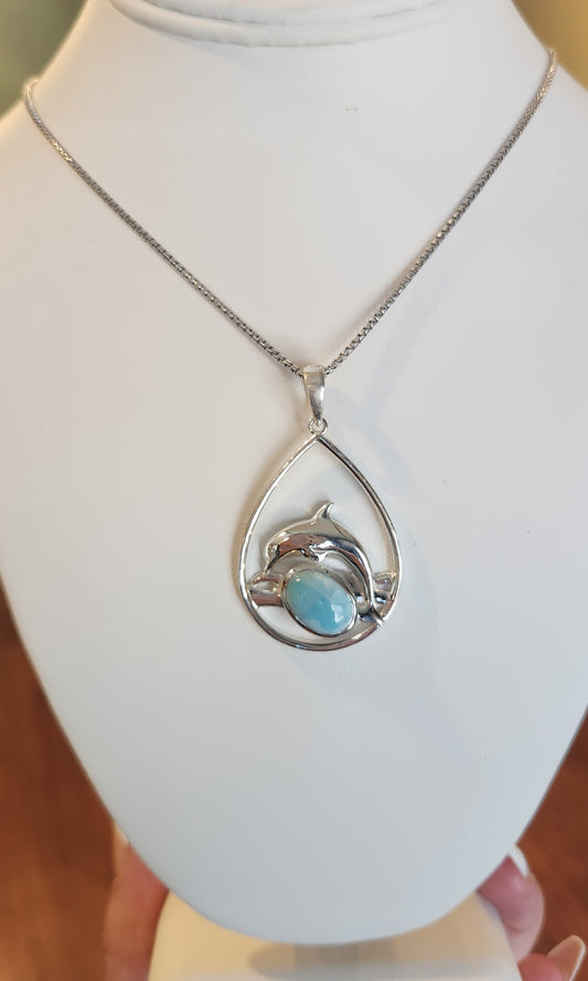 Sterling silver larimar dolphin pendant