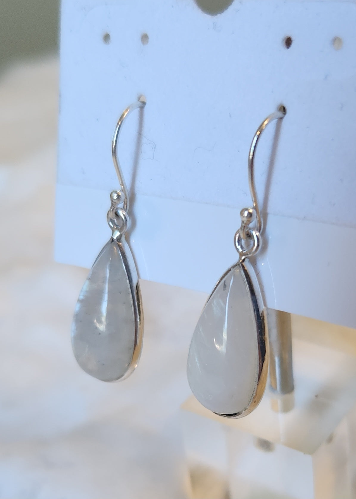 Sterling silver pear-shaped rainbow moonstone dangle earrings