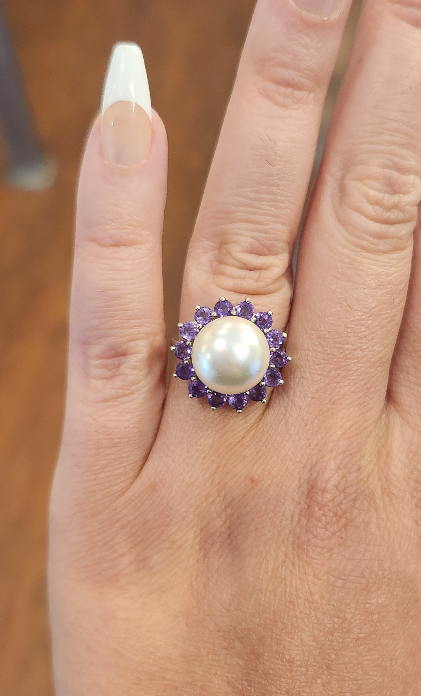 Sterling silver pearl amethyst halo ring