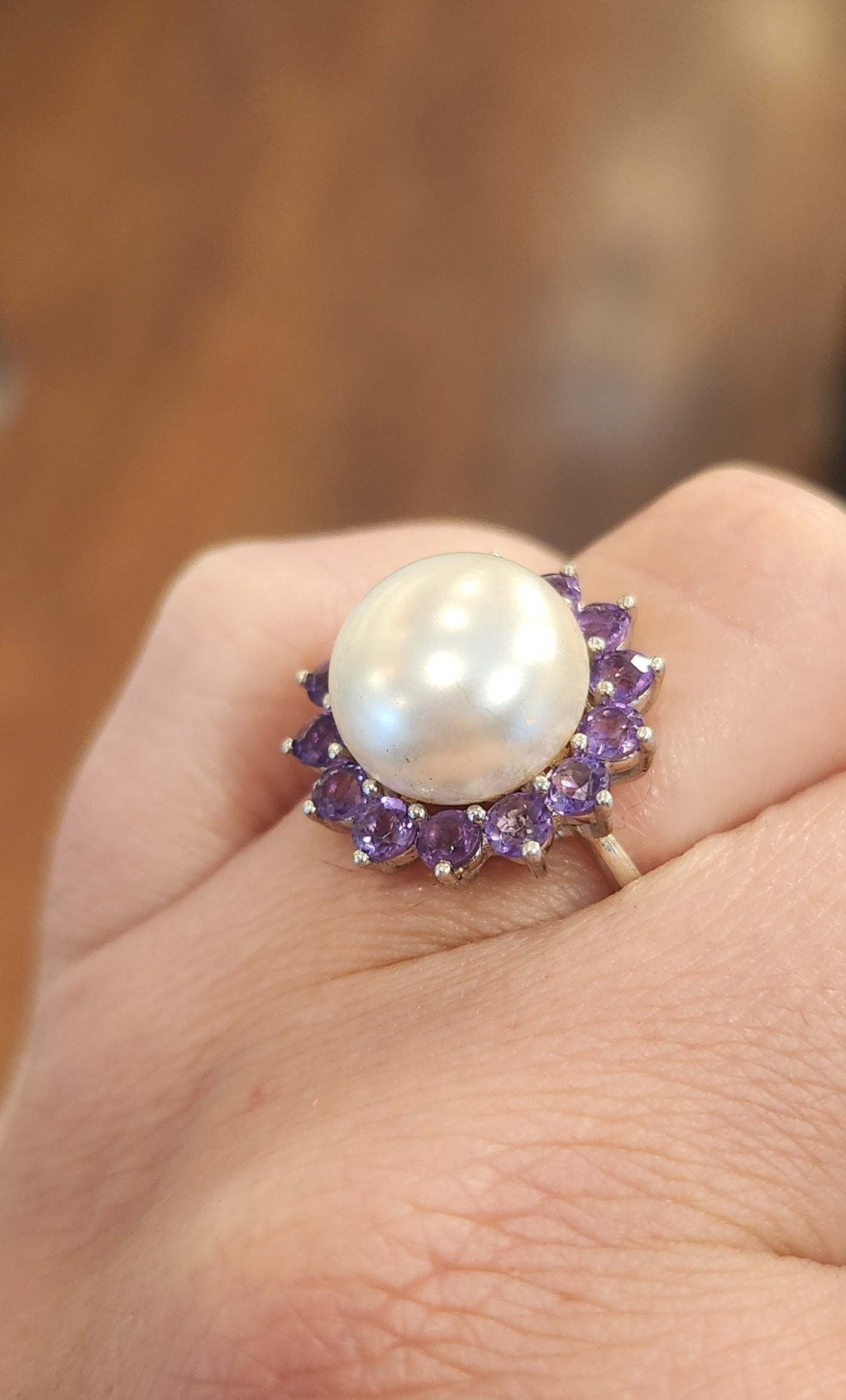 Sterling silver pearl amethyst halo ring