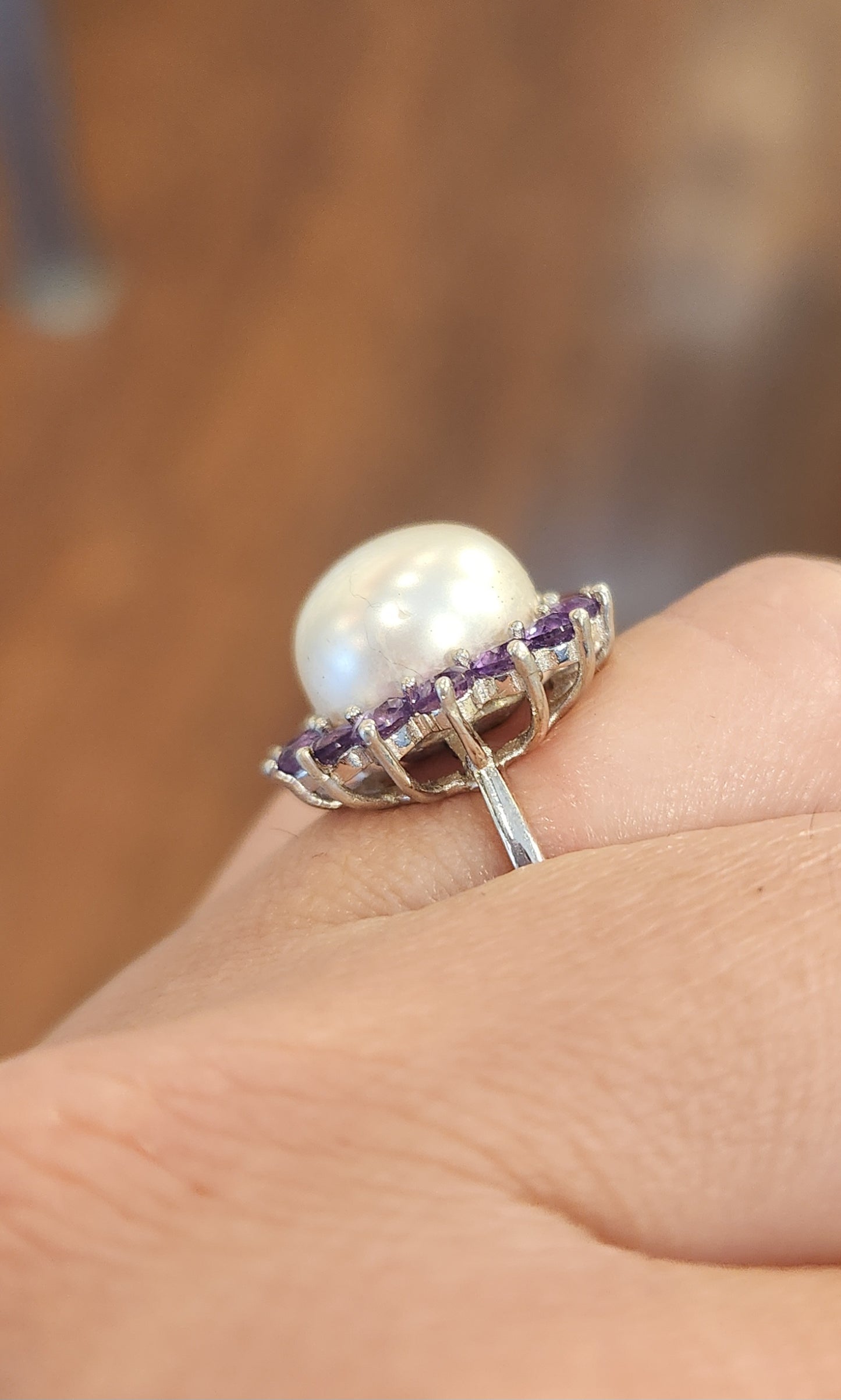 Sterling silver pearl amethyst halo ring