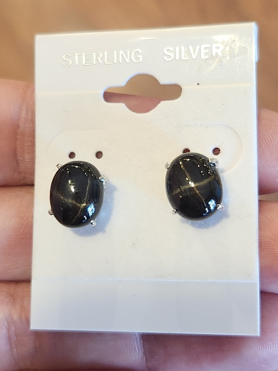 Sterling silver black star diopside stud earrings