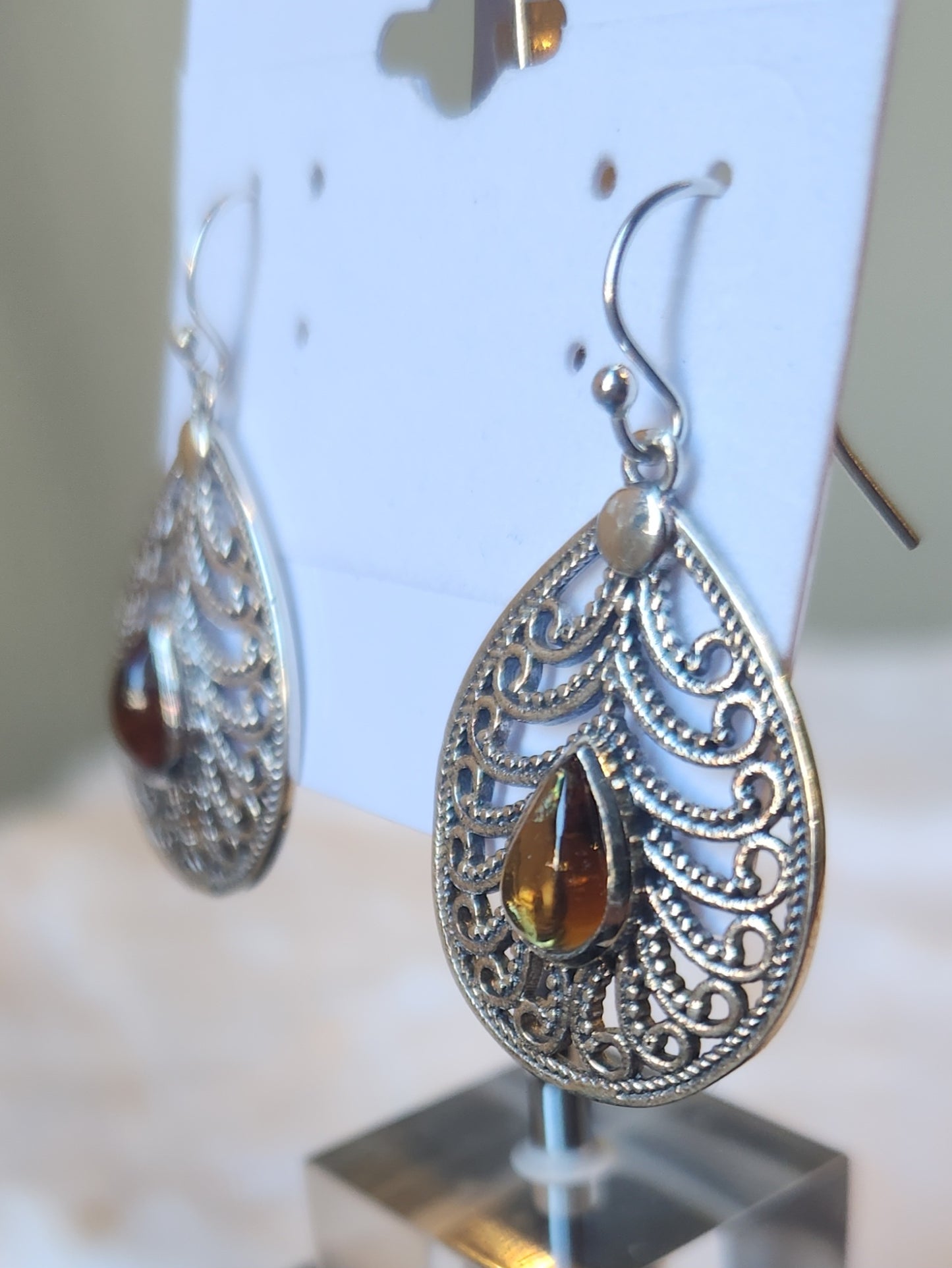 Sterling silver tourmaline filigree dangle earrings