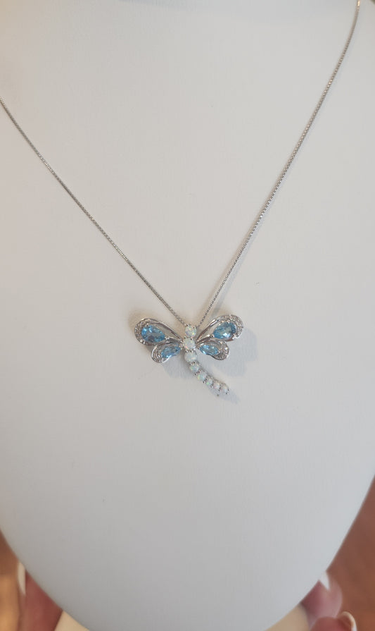 Sterling silver blue topaz, opal and diamond dragonfly pendant