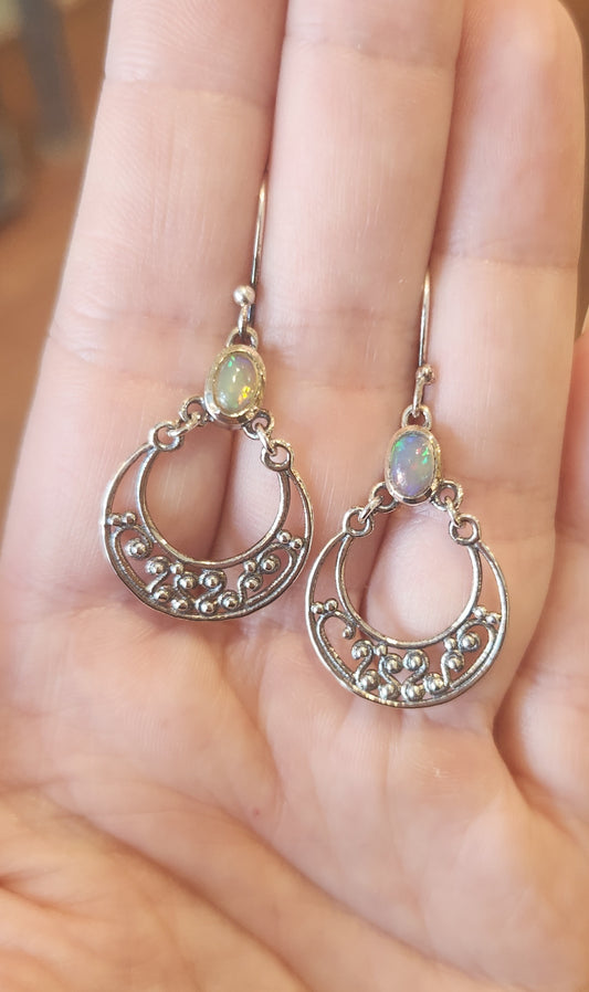 Sterling silver welo opal filigree dangle earrings