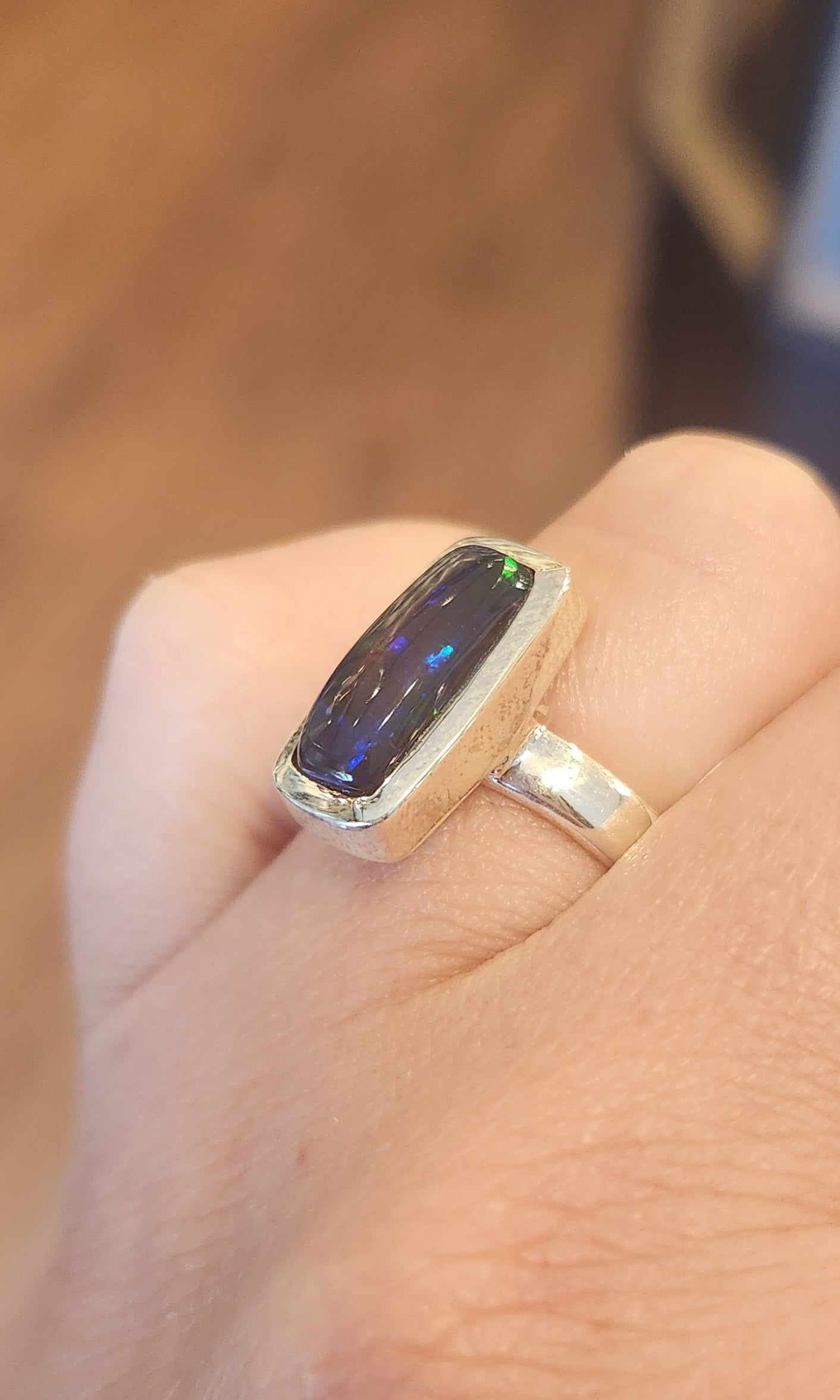 Sterling silver smoked welo opal ring