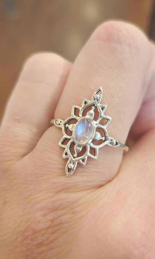 Sterling silver unique oval-shaped rainbow moonstone ring