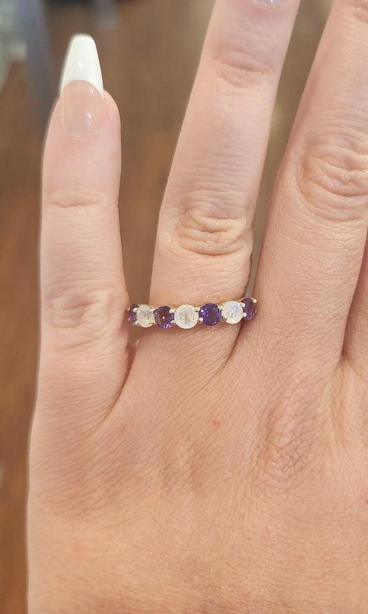 Sterling silver amethyst and rainbow moonstone multi-stone ring