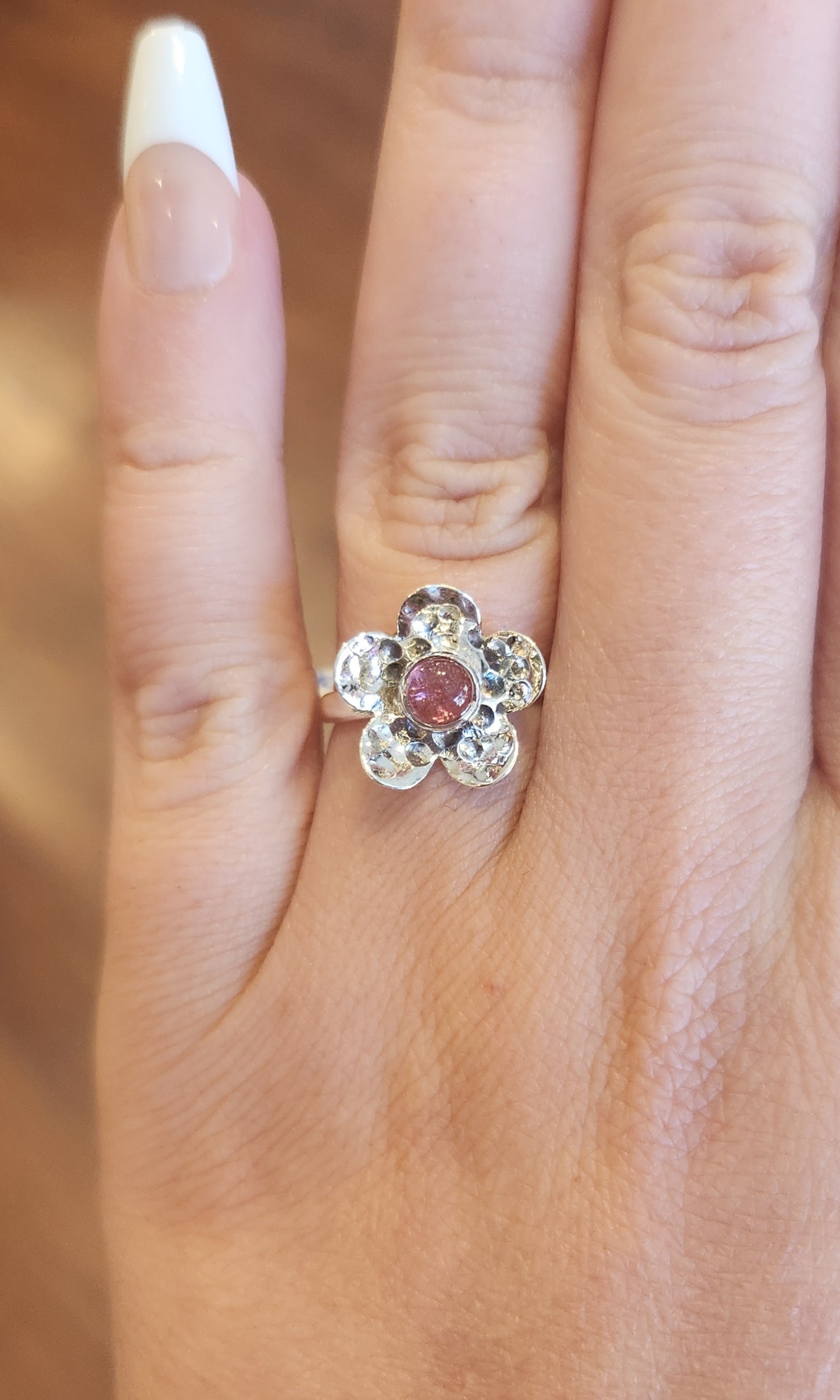 Sterling silver pink tourmaline flower ring