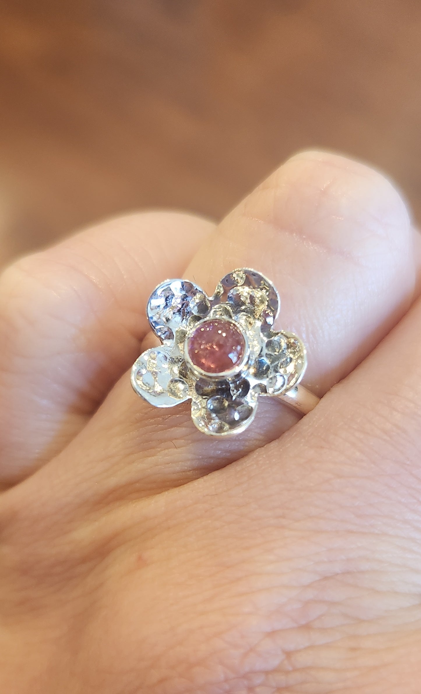 Sterling silver pink tourmaline flower ring