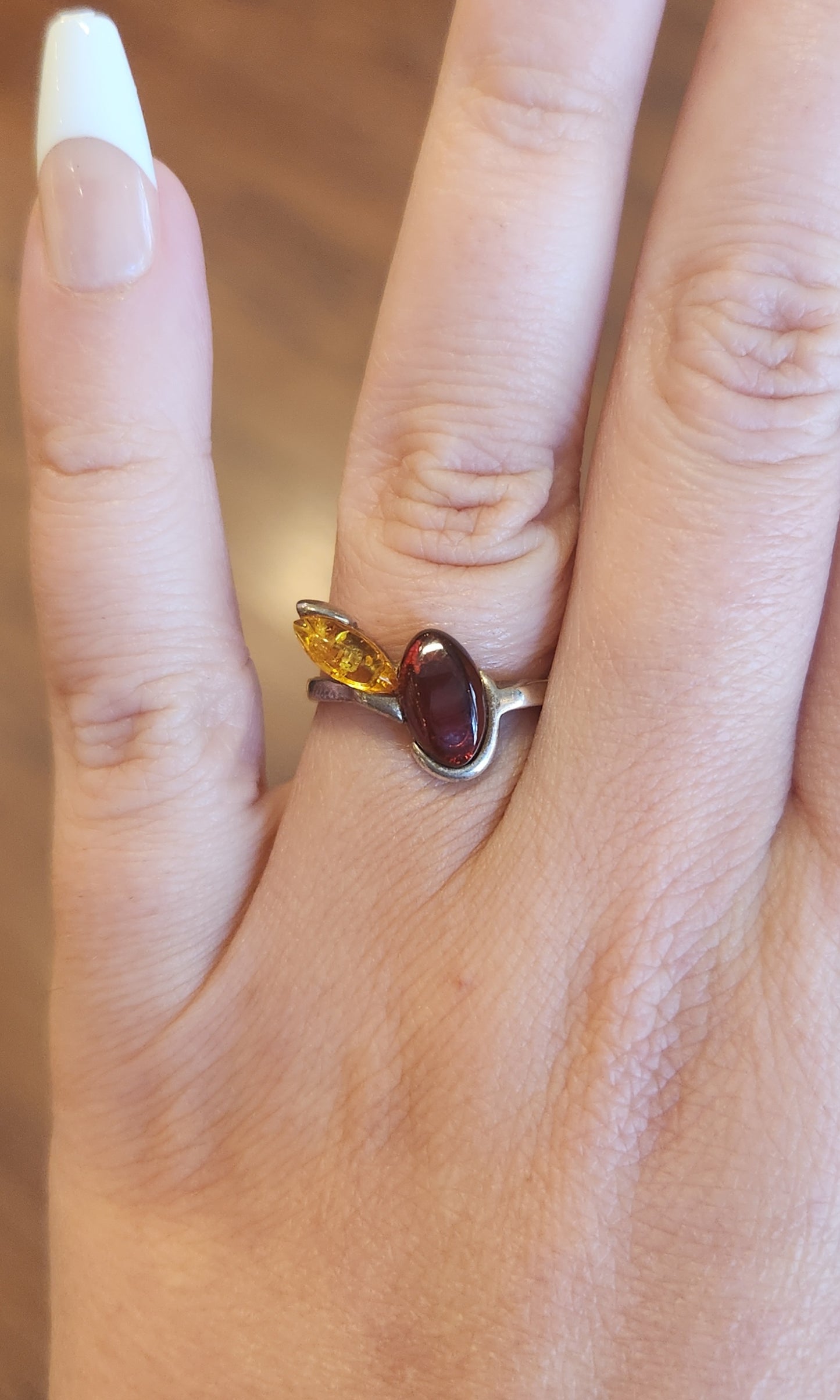 Sterling silver two-toned amber ring