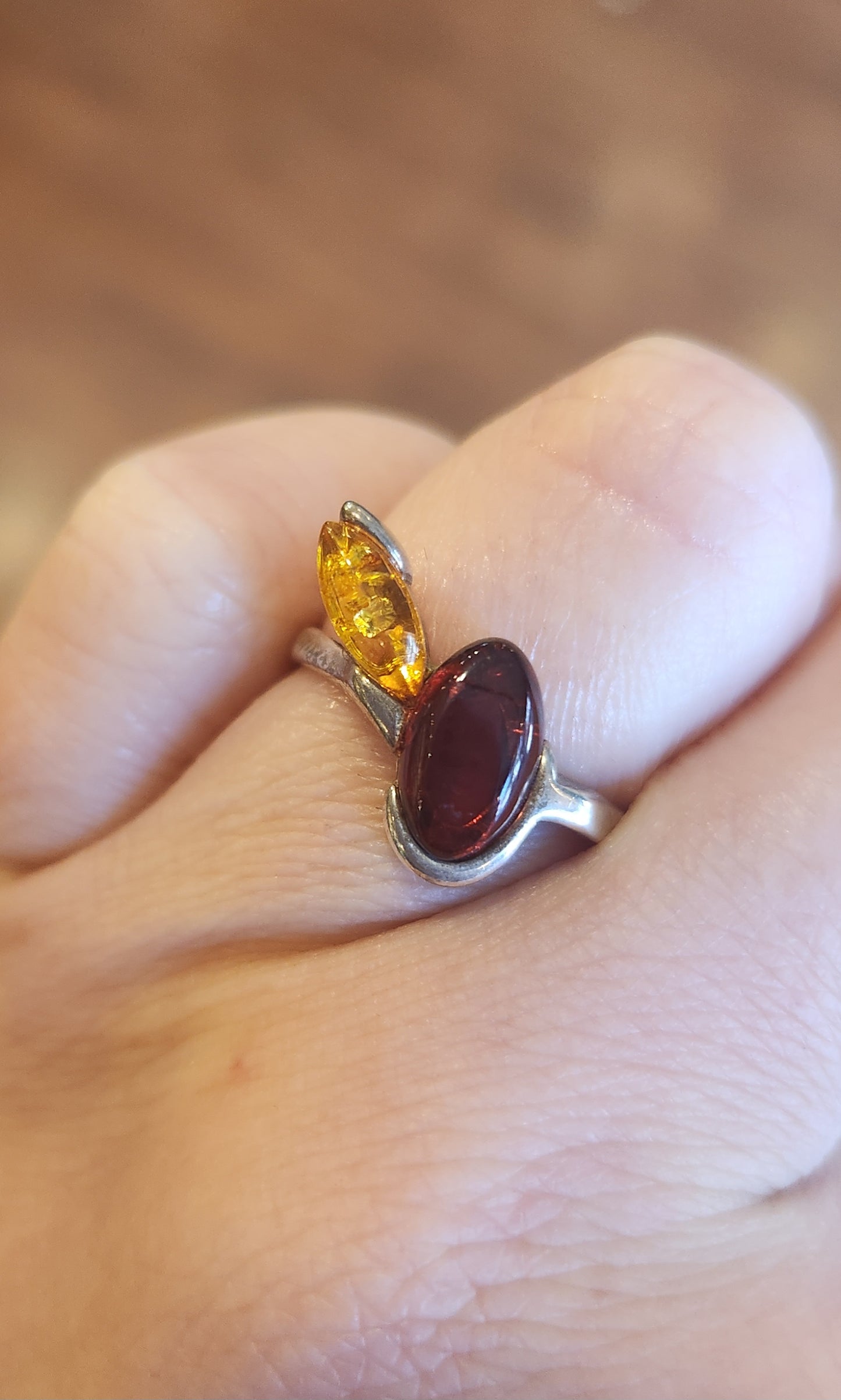 Sterling silver two-toned amber ring