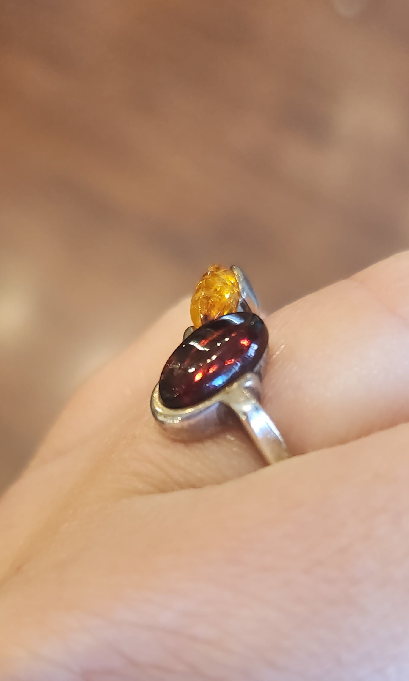 Sterling silver two-toned amber ring