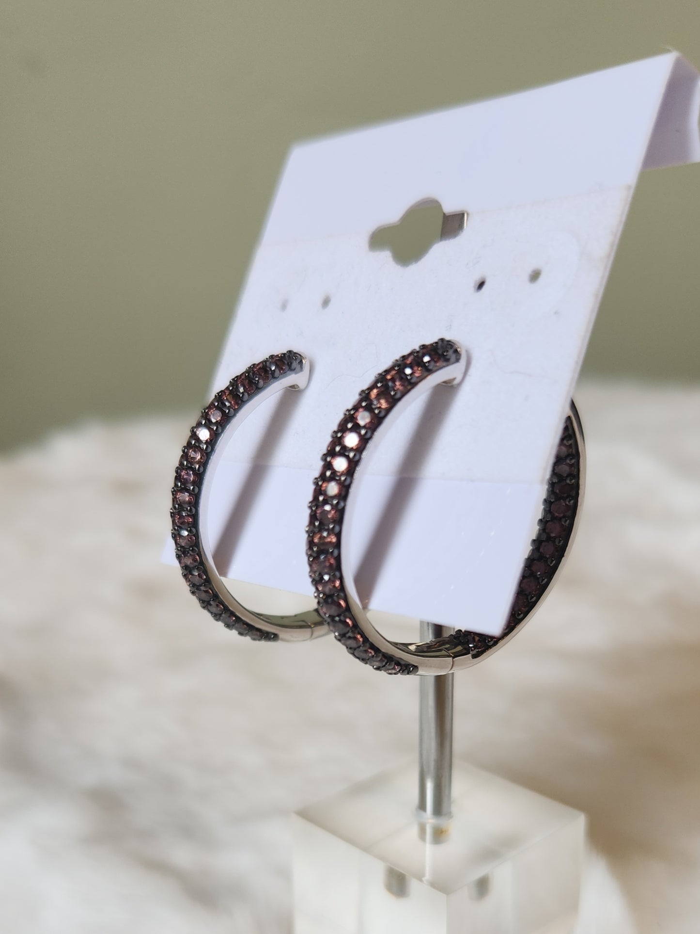 Sterling silver peach-colored CZ in-and-out hoop earrings