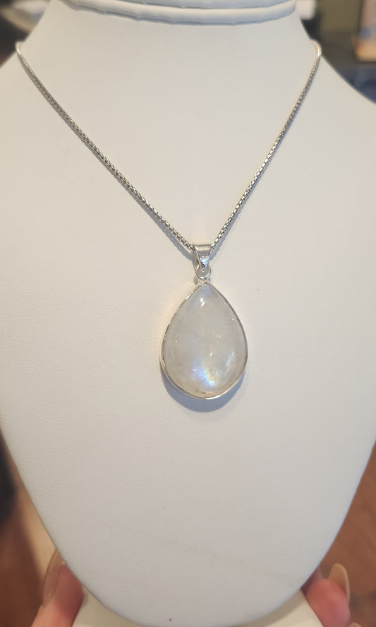 Sterling silver large pear-shaped rainbow moonstone pendant