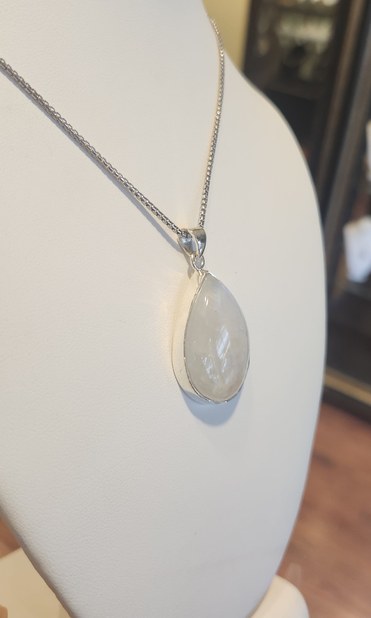 Sterling silver large pear-shaped rainbow moonstone pendant