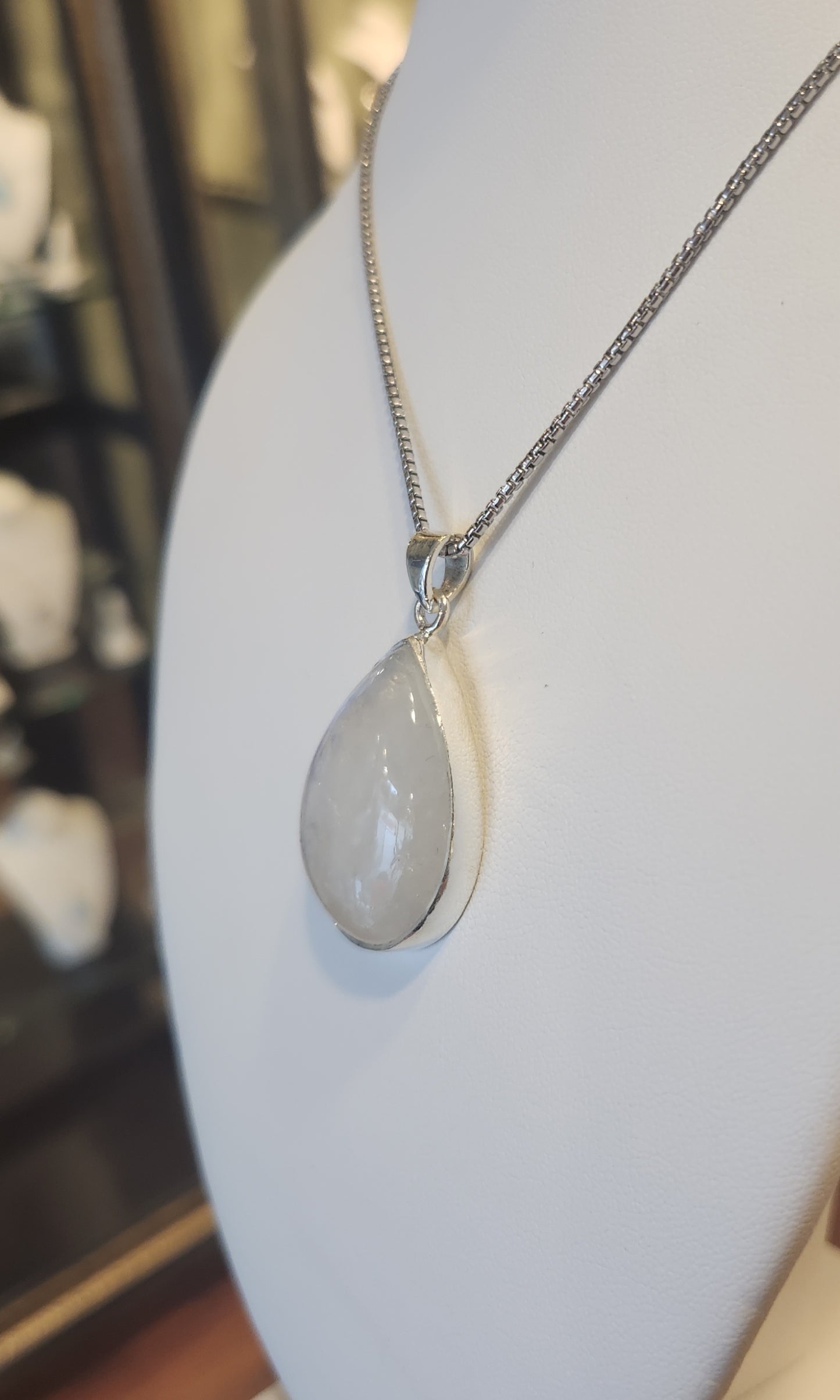 Sterling silver large pear-shaped rainbow moonstone pendant