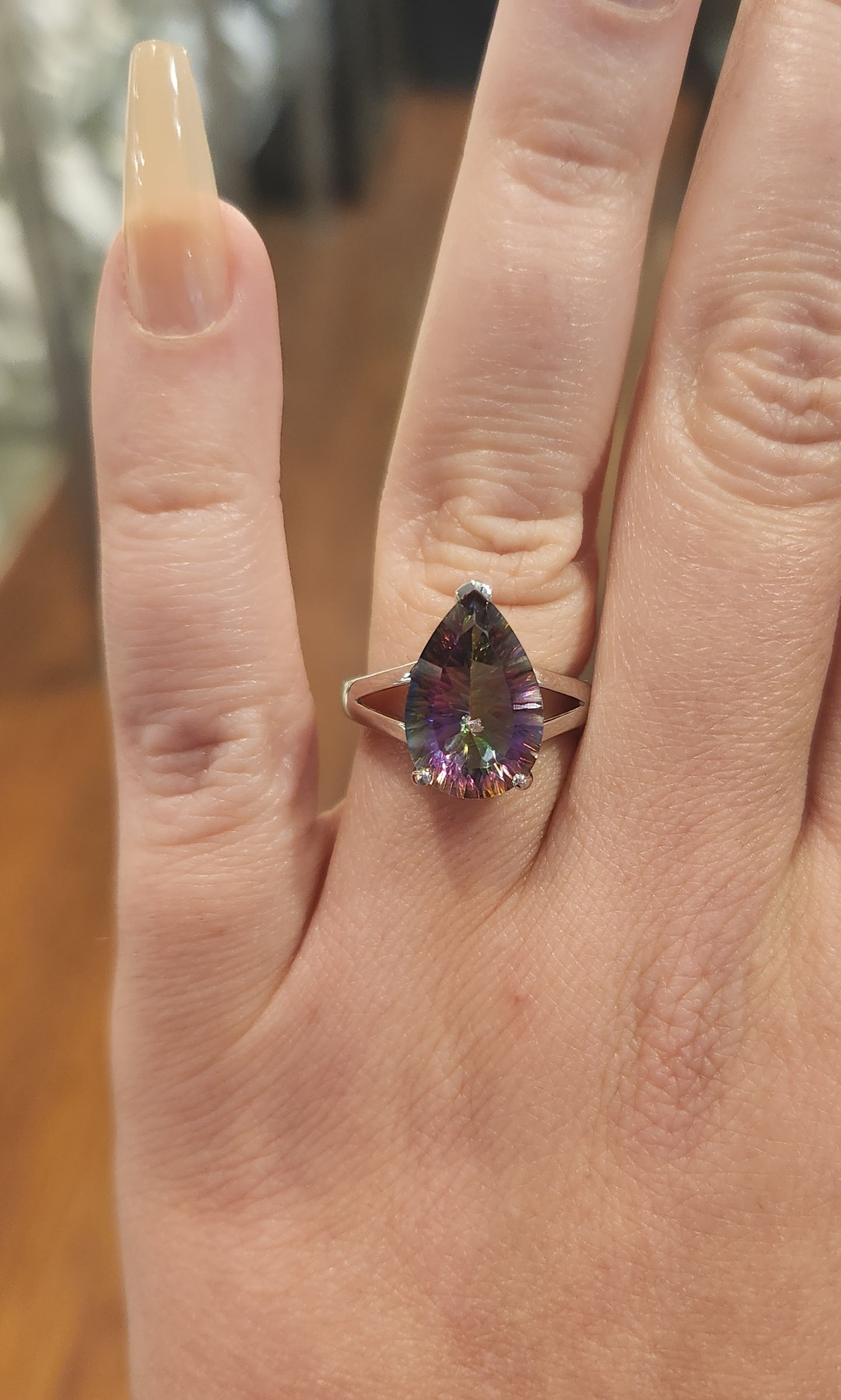 Sterling silver pear-shaped mystic topaz ring