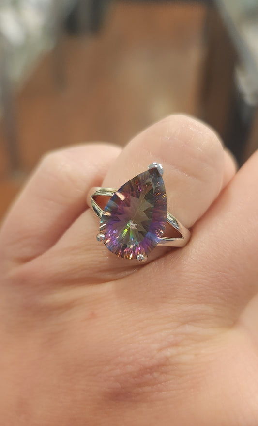 Sterling silver pear-shaped mystic topaz ring