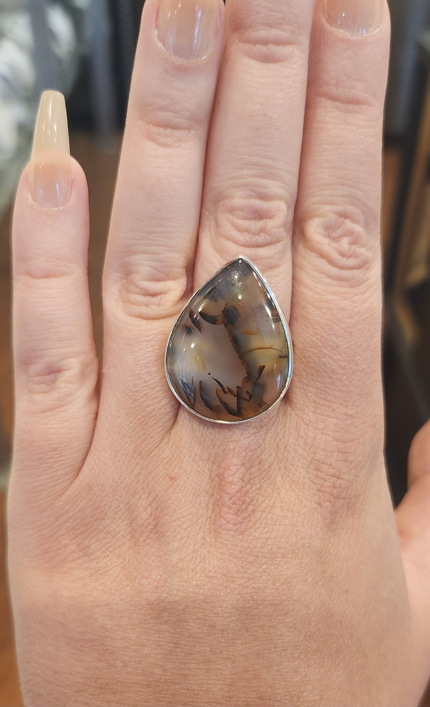 Sterling silver pear-shaped montana agate ring