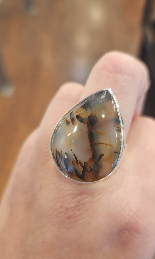 Sterling silver pear-shaped montana agate ring