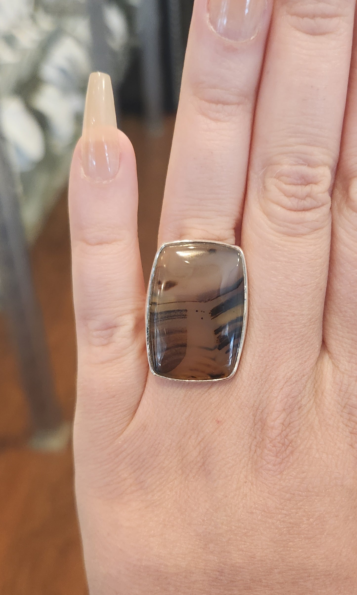 Sterling silver rectangle-shaped montana agate ring