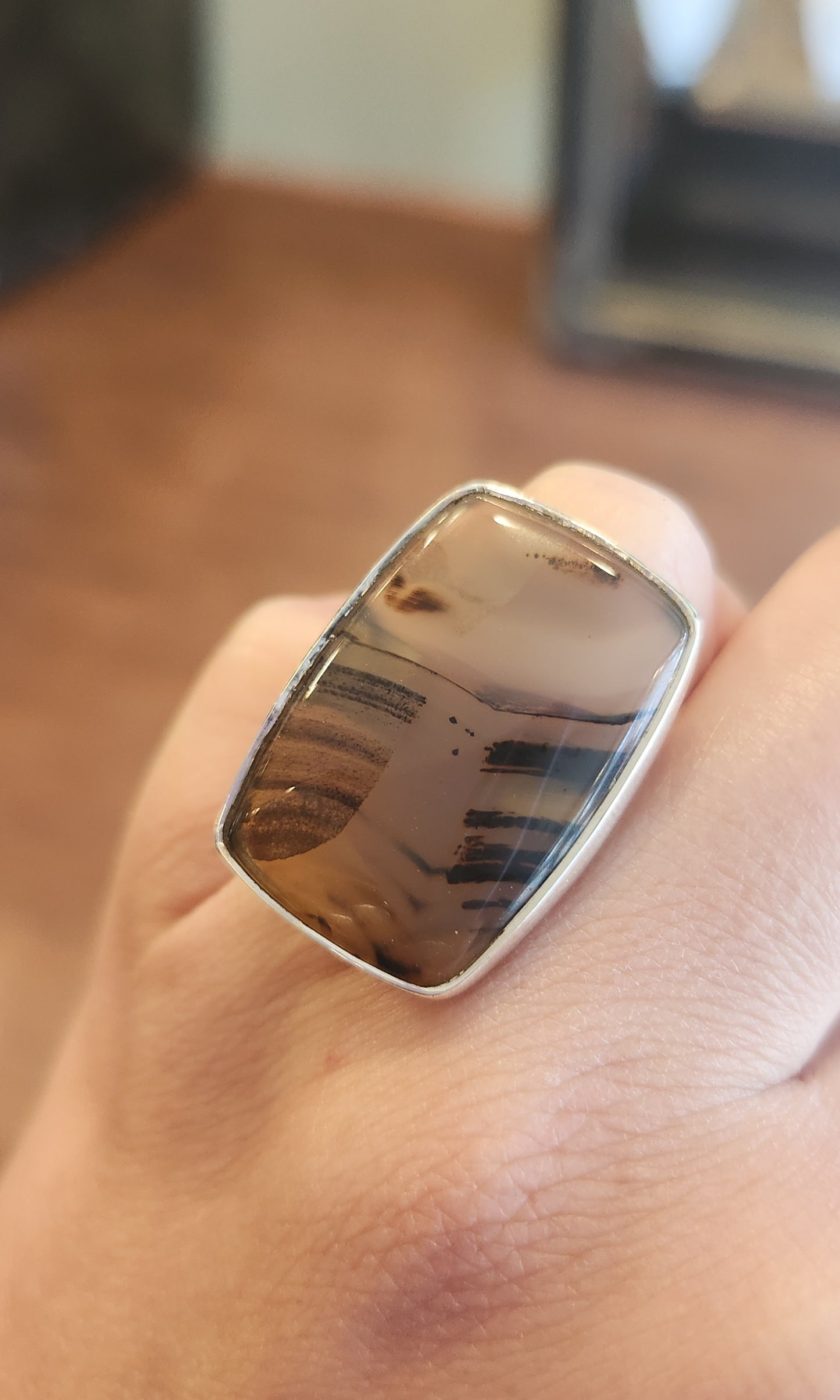 Sterling silver rectangle-shaped montana agate ring