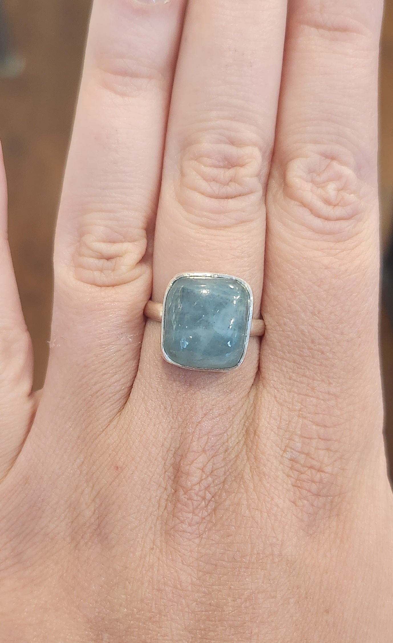 Sterling silver square-shaped aquamarine cabochon ring