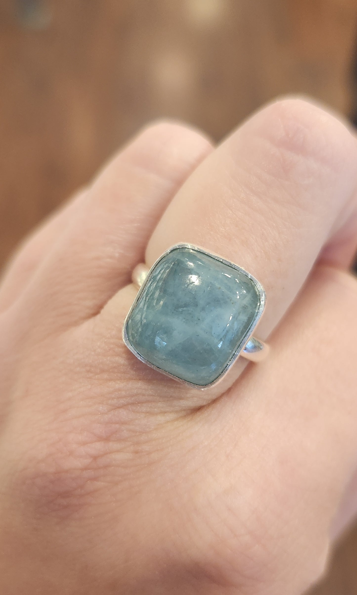 Sterling silver square-shaped aquamarine cabochon ring