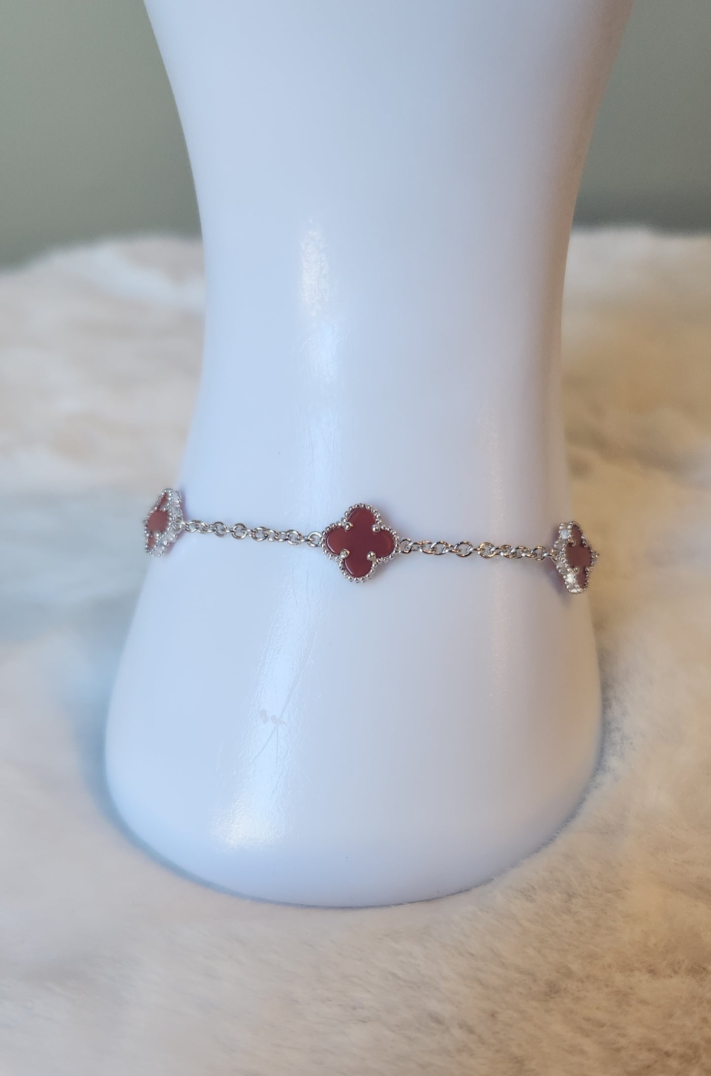 Sterling silver red clover station bracelet