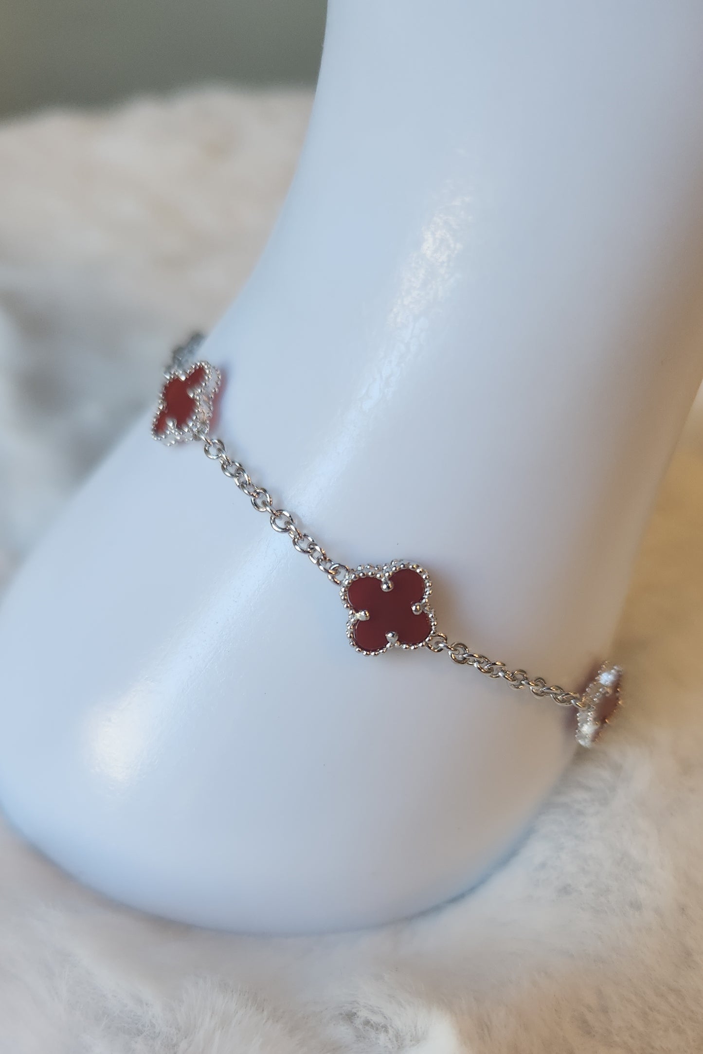 Sterling silver red clover station bracelet