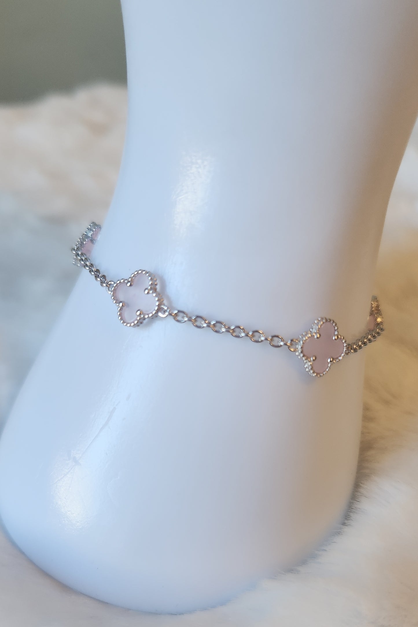 Sterling silver pink clover station bracelet