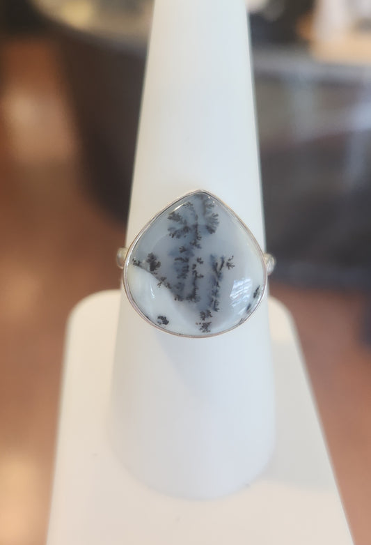 Sterling silver pear-shaped dendritic opal ring