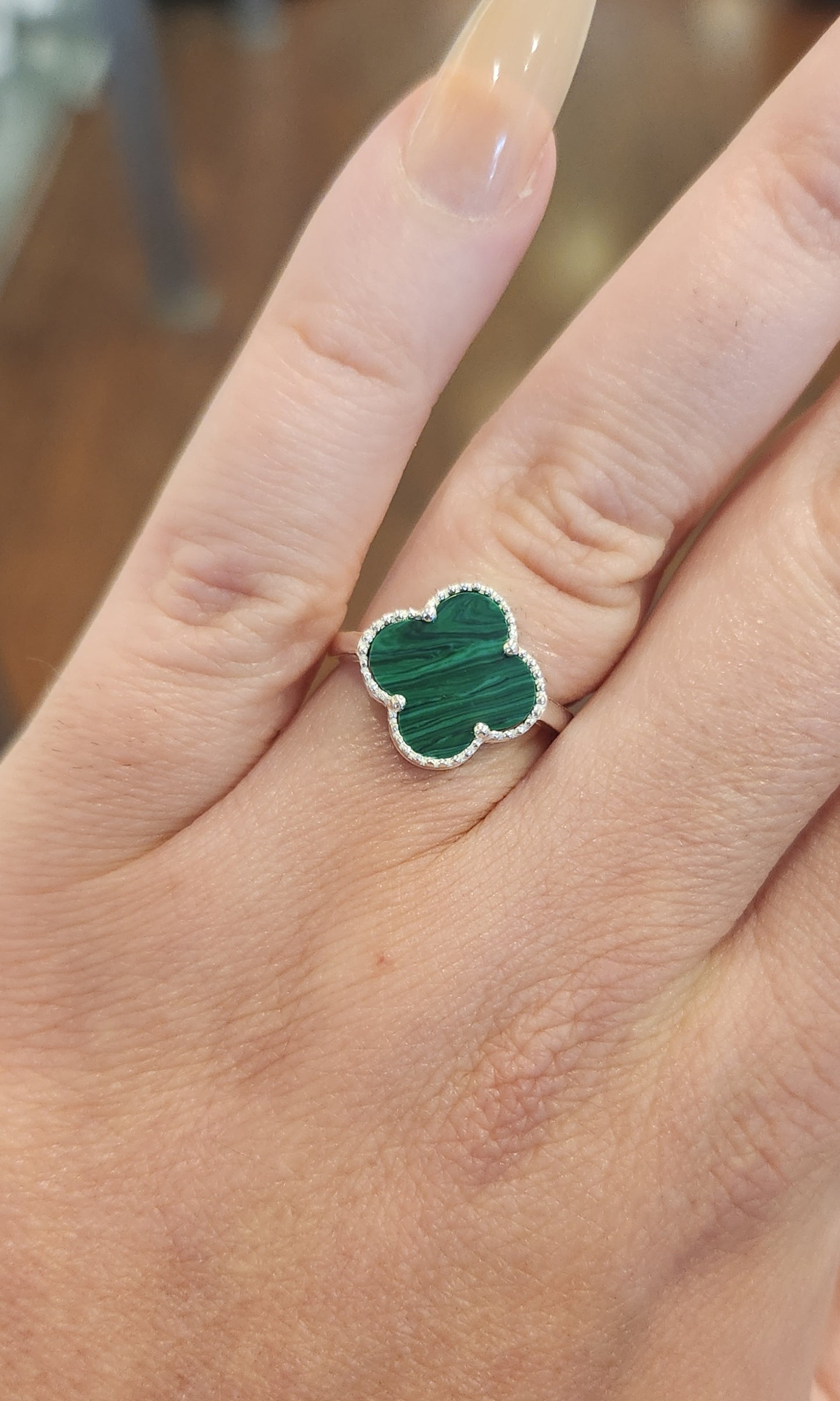 Sterling silver malachite clover ring