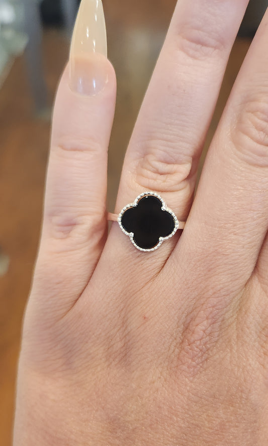 Sterling silver black onyx clover ring