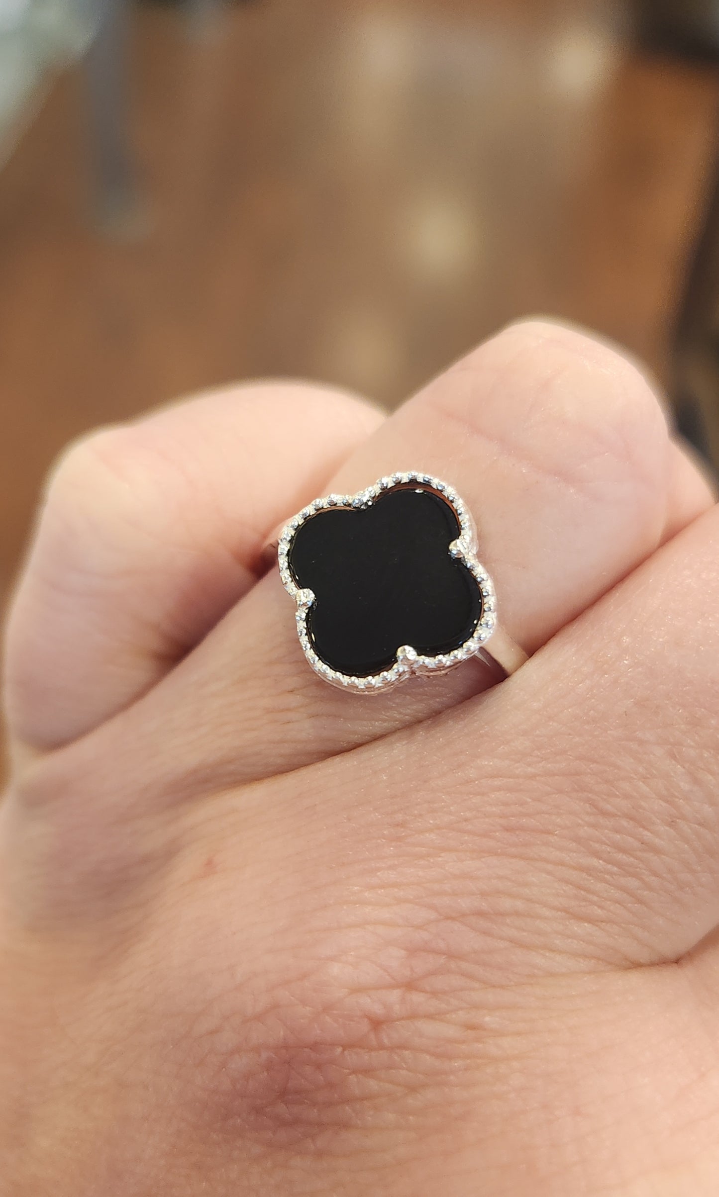 Sterling silver black onyx clover ring