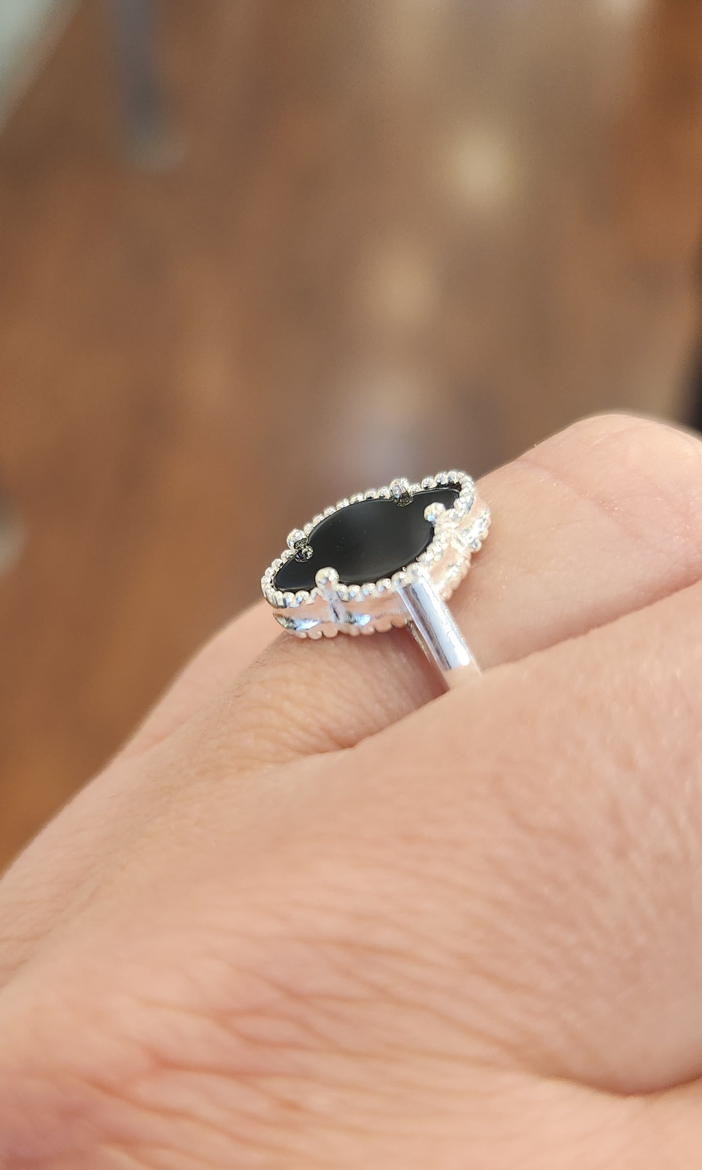 Sterling silver black onyx clover ring