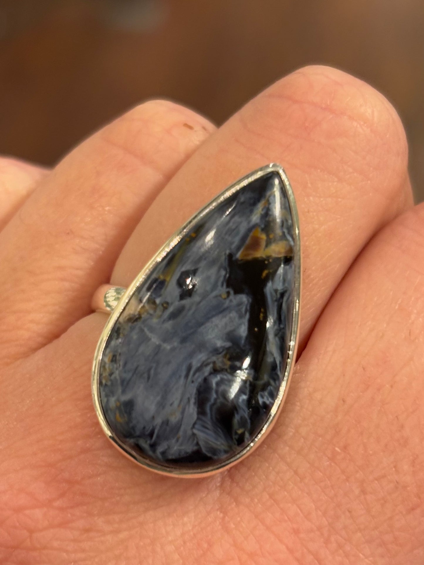 Sterling silver pear shaped pietersite statement ring