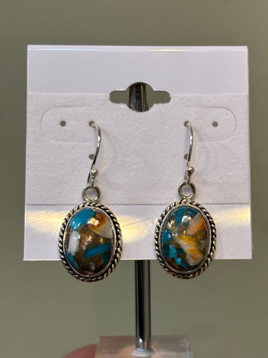 Sterling silver oval spiny oyster turquoise dangle earrings