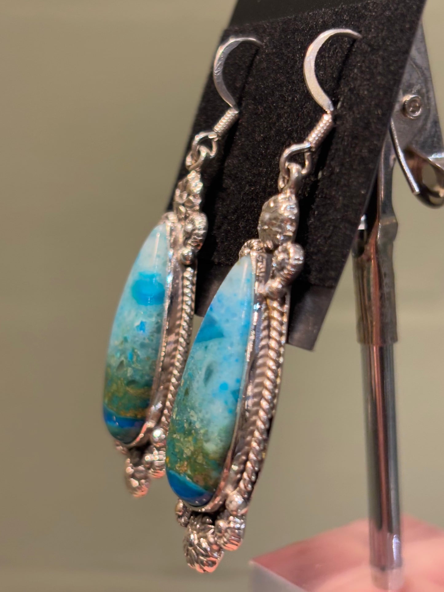 Sterling silver pear-shaped Chilean blue opal earrings