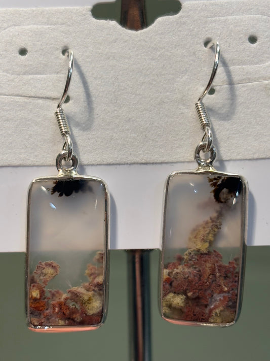 Sterling silver rectangle moss agate earrings