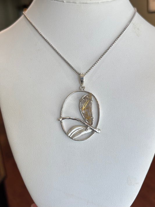 Sterling silver handmade rutilated quartz dragonfly pendant with chain