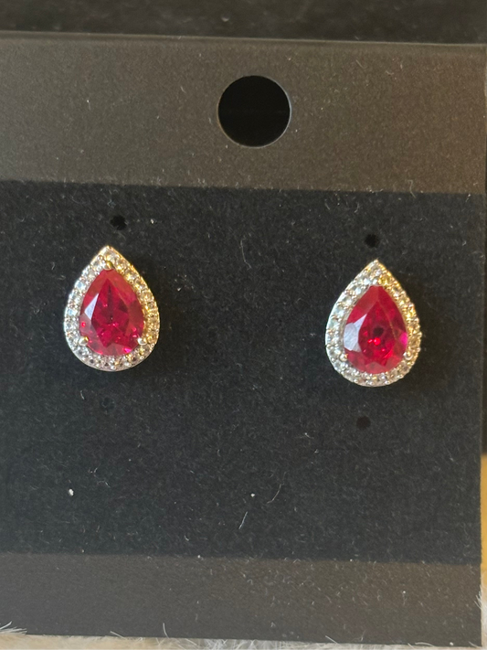 Sterling silver pear-shaped ruby halo earring studs