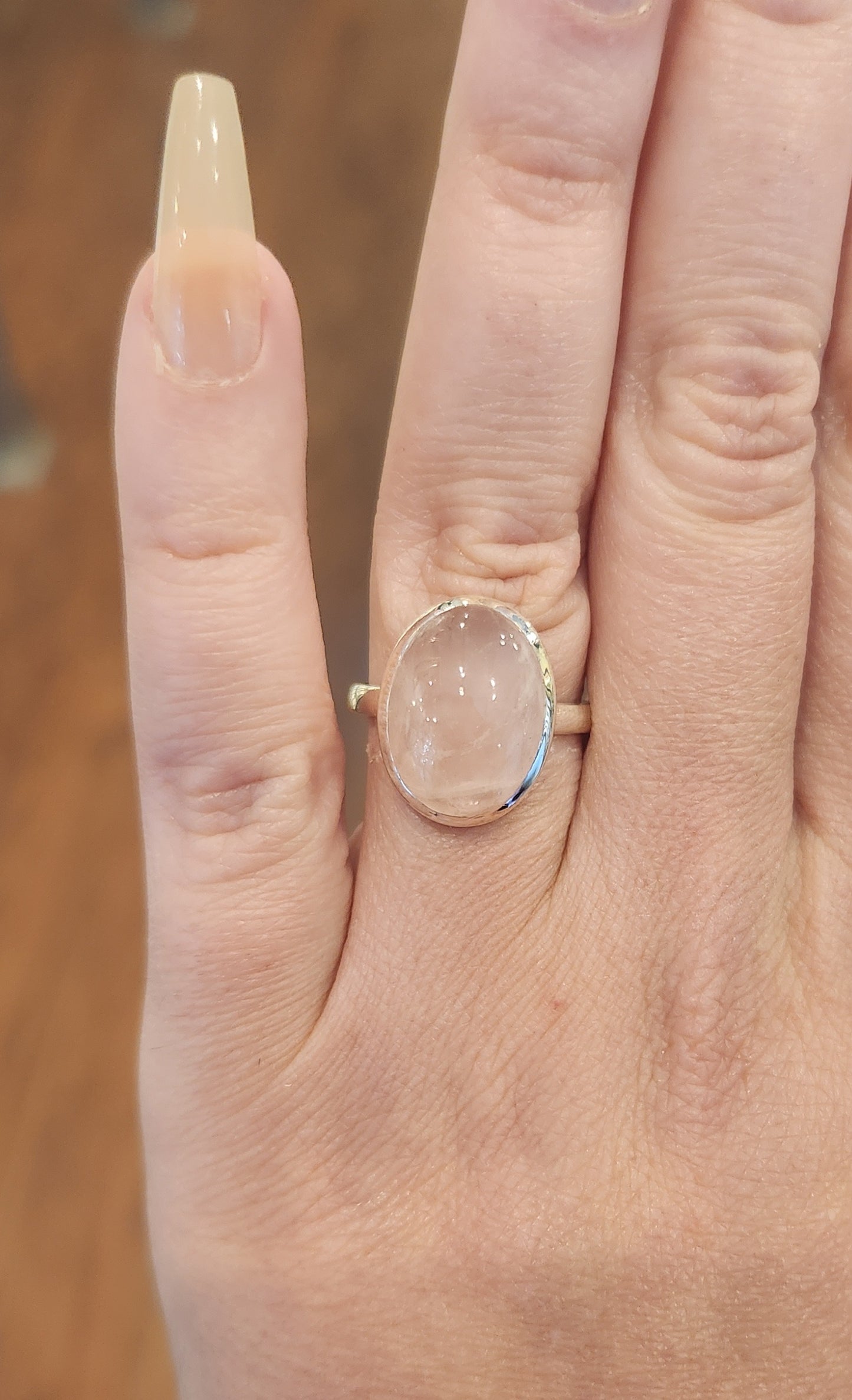 Sterling silver rose quartz cabochon ring