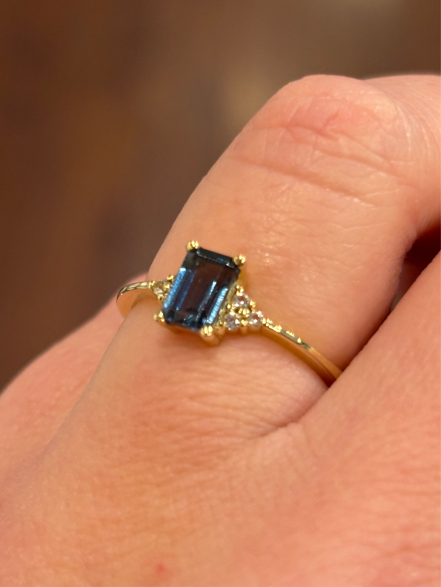 14k gold dainty London blue topaz ring with diamonds