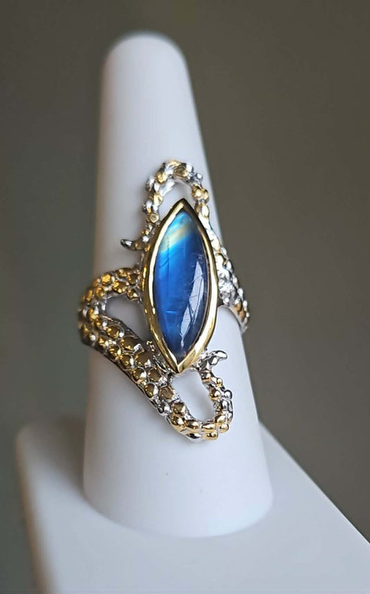 Sterling silver with gold overlay labradorite tentacle ring size 8