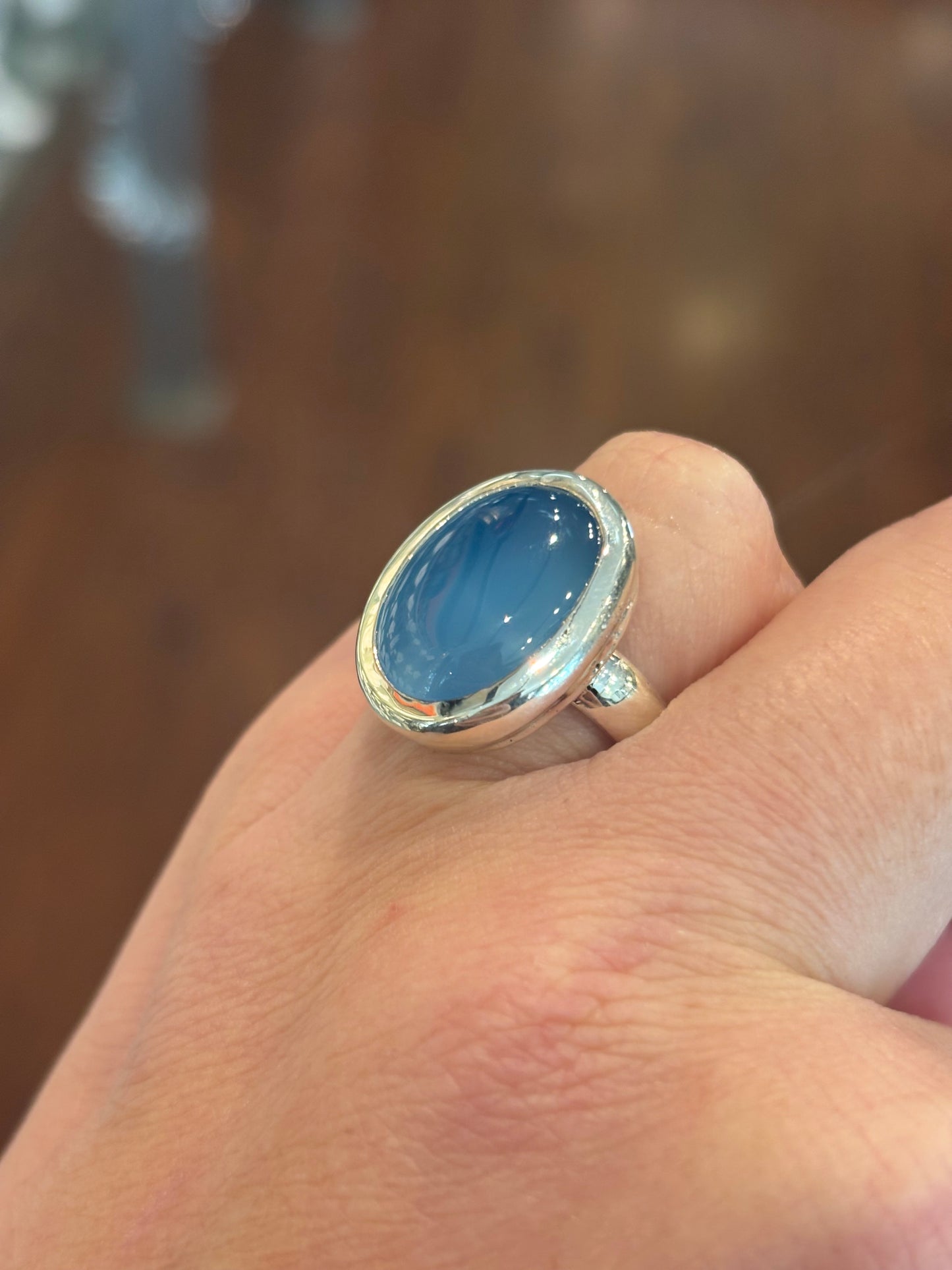 Sterling silver oval blue chalcedony ring